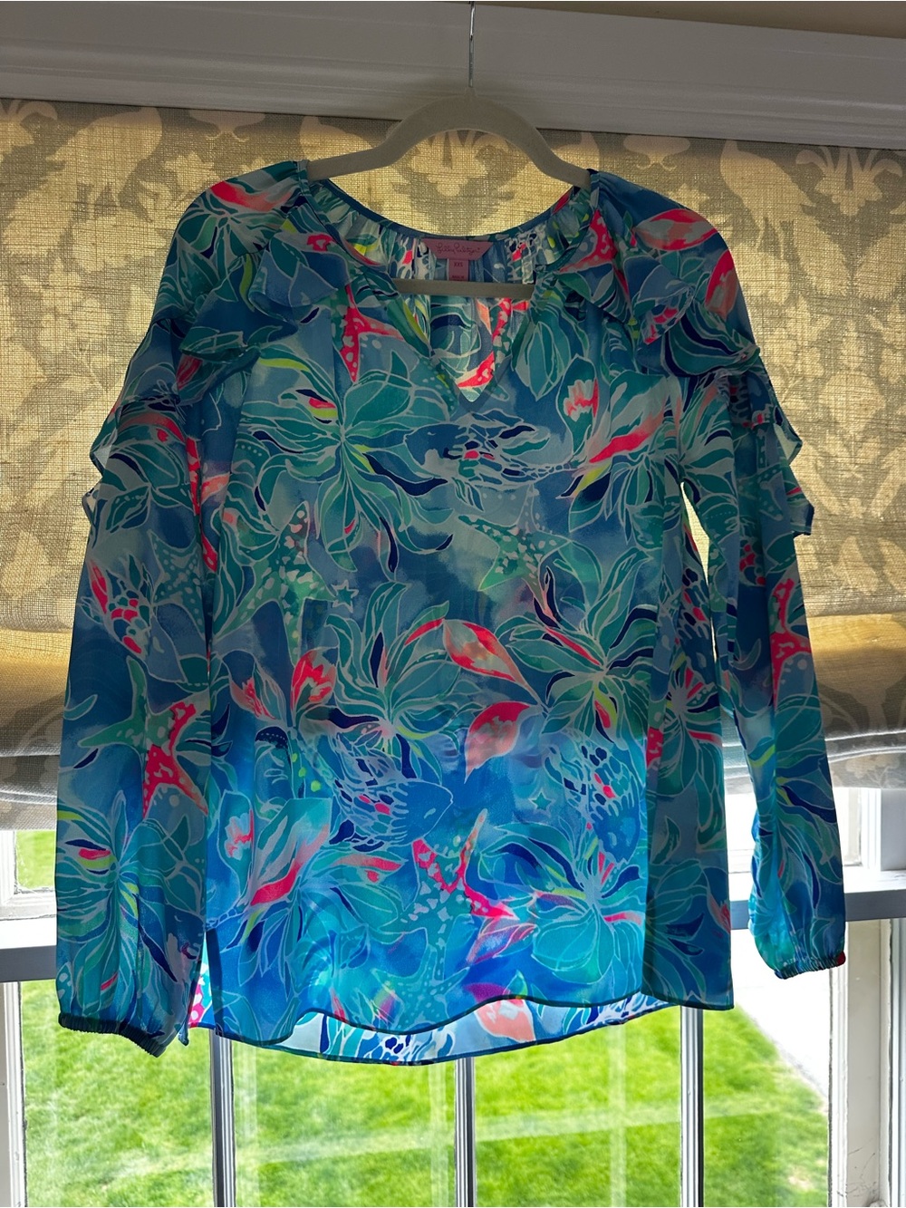 Lilly Pulitzer Blue Floral Ruffle-Sleeve Blouse with Pink Accents